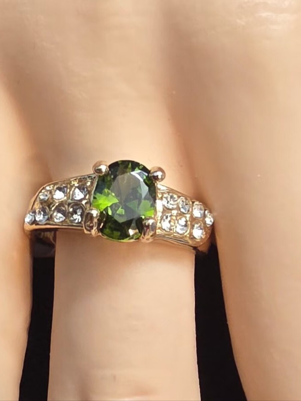 Gold Tone Green Oval Stone Ring Clear Crystal Accents Size 8